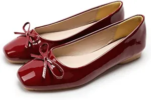 JiangWei Shu Women's Bow Knot Square Toe Ballet Flats Slip On Walking Wedding Soft Shoes