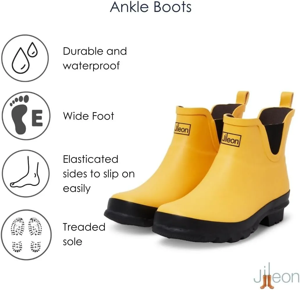 Jileon Womens Ankle Height Waterproof Rubber Rain Boots - Designed For Wide Feet & Wide Calves - Easy to Slip on and Off