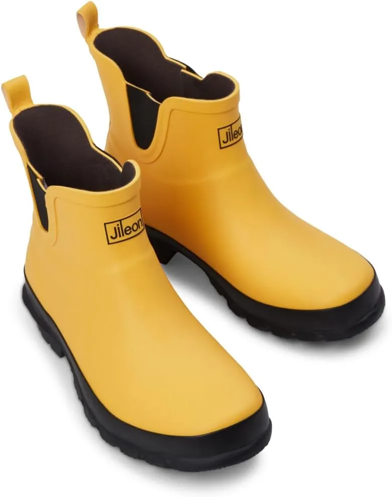 Jileon Womens Ankle Height Waterproof Rubber Rain Boots - Designed For Wide Feet & Wide Calves - Easy to Slip on and Off