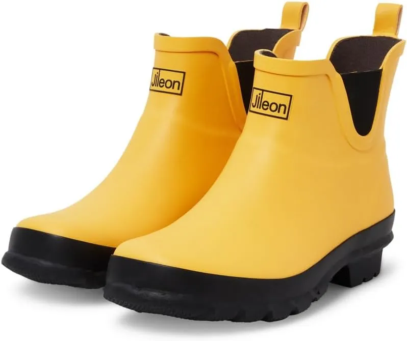 Jileon Womens Ankle Height Waterproof Rubber Rain Boots - Designed For Wide Feet & Wide Calves - Easy to Slip on and Off
