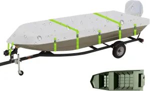 Jon Boat Cover Fit Tracker Grizzly 1754 Jon and War Eagle 1754, 18ft Trailerable 900D Heavy Duty with PU Coating 100% Waterproof & UV-Resistant, [Motor Cover Included]