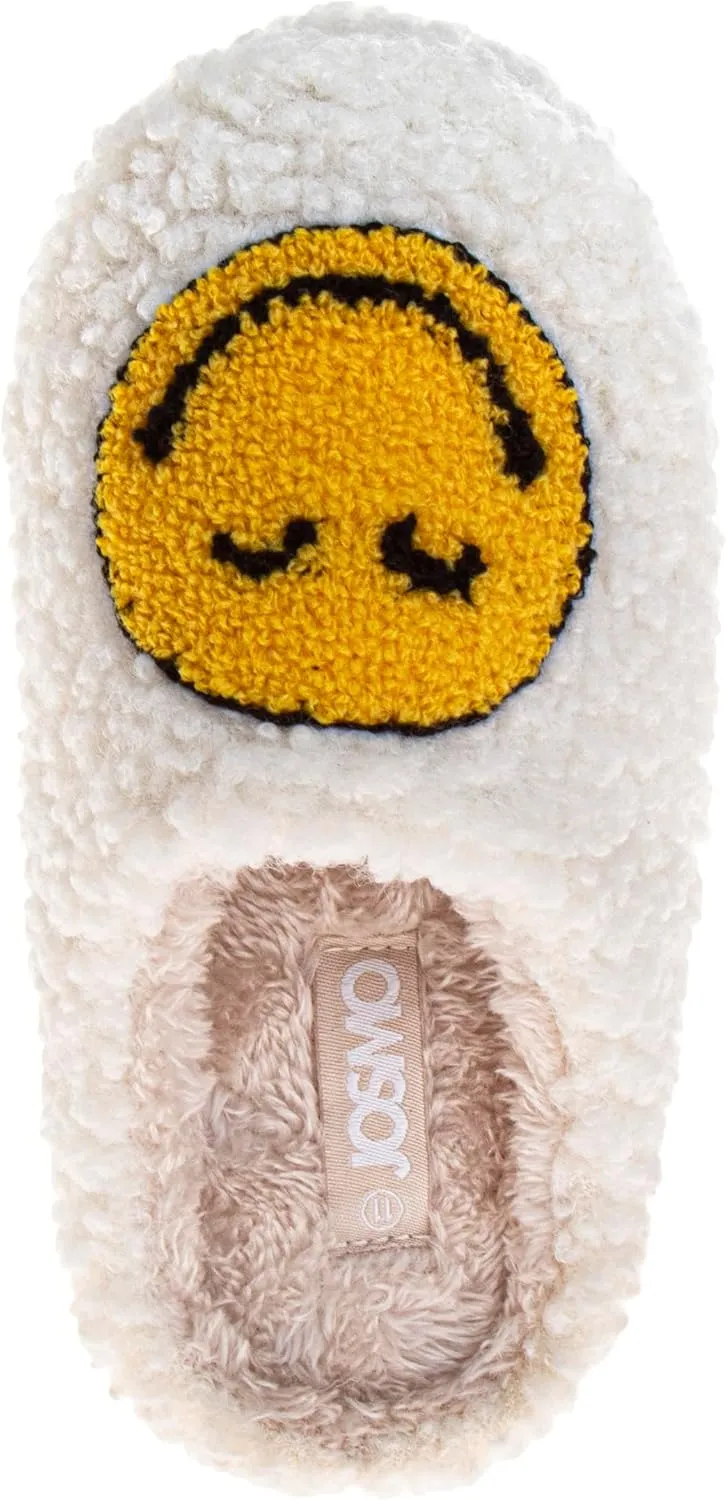 Josmo Girls Smiley Face Fur Slides - Cozy Fluffy Indoor Slippers