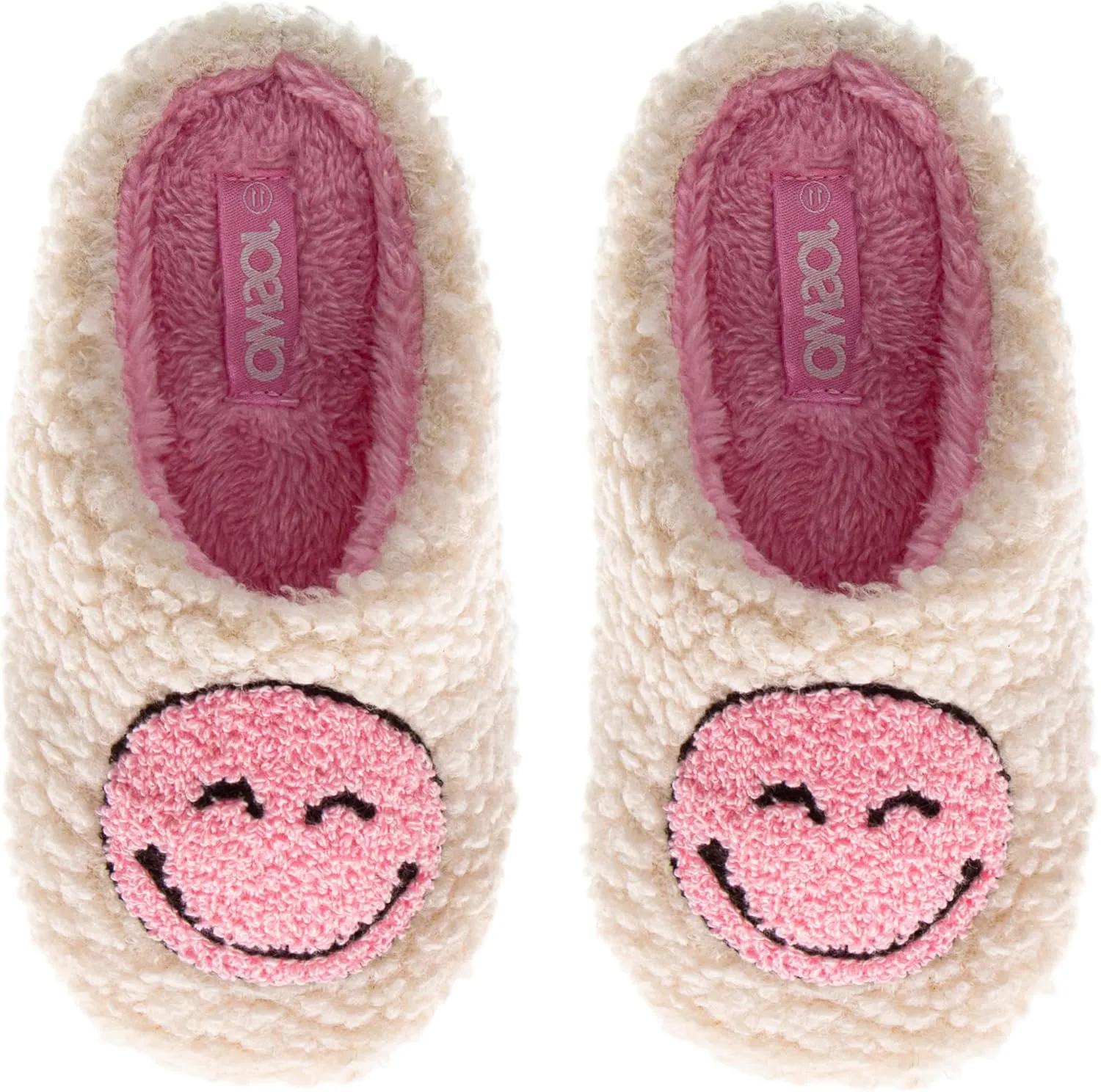 Josmo Girl's Smiley Face Fur Slides Cozy Fluffy Indoor Slippers