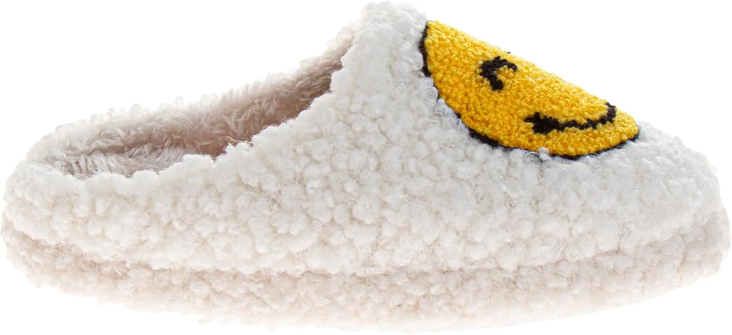 Josmo Girls Smiley Face Fur Slides - Cozy Fluffy Indoor Slippers