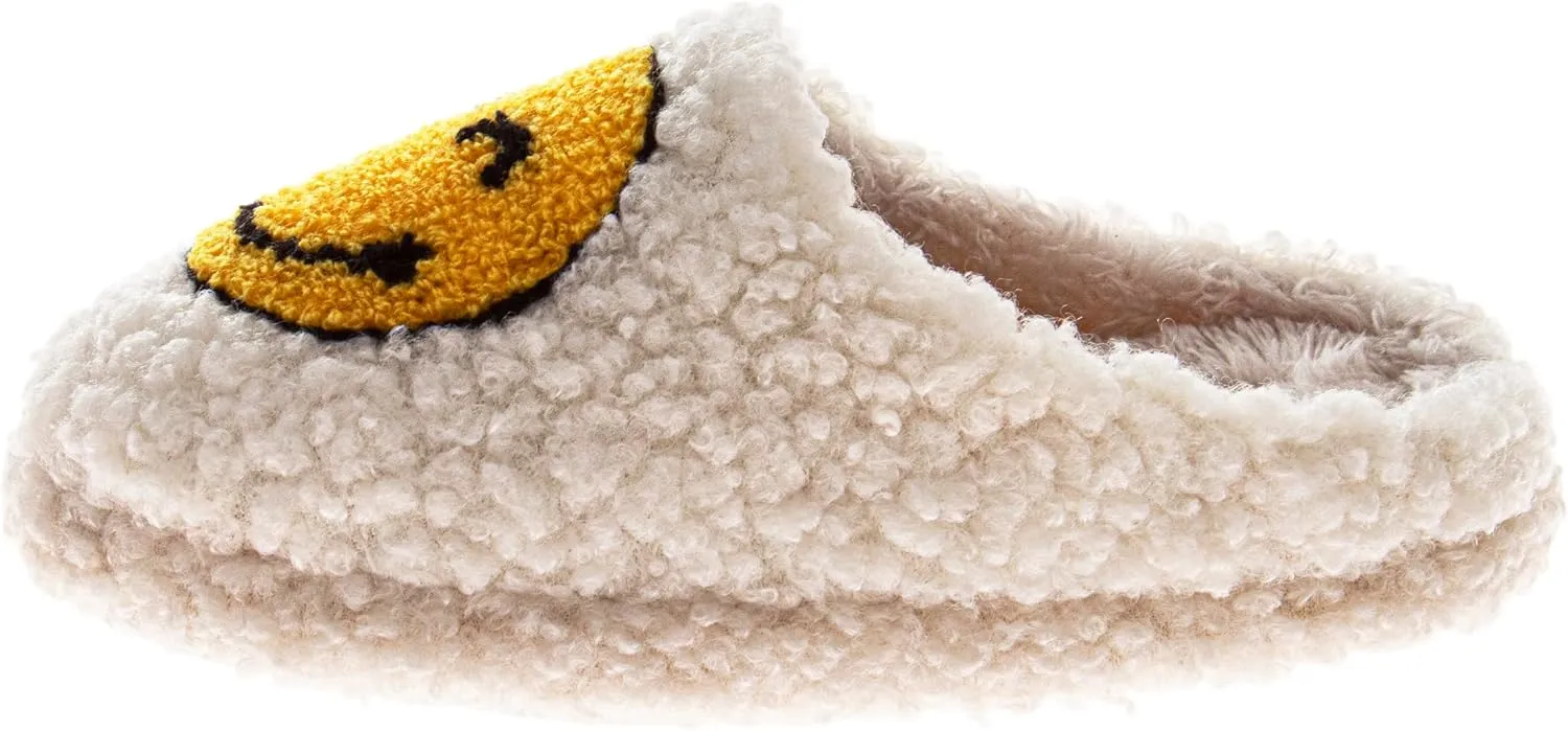 Josmo Girls Smiley Face Fur Slides - Cozy Fluffy Indoor Slippers