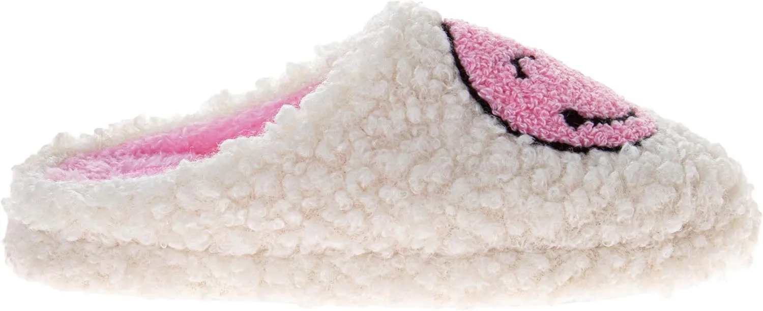 Josmo Girl's Smiley Face Fur Slides Cozy Fluffy Indoor Slippers