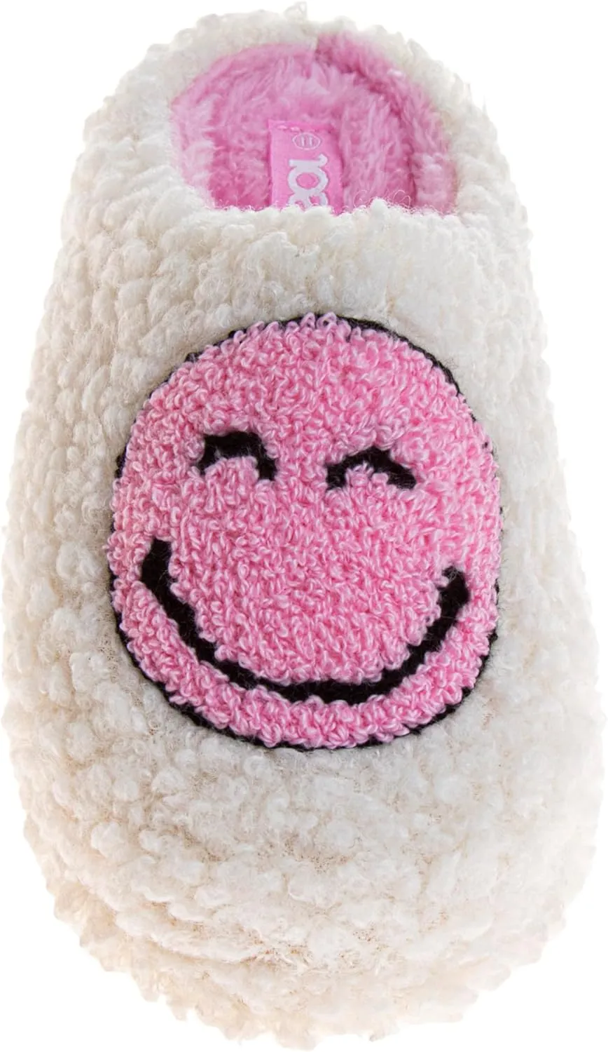 Josmo Girl's Smiley Face Fur Slides Cozy Fluffy Indoor Slippers