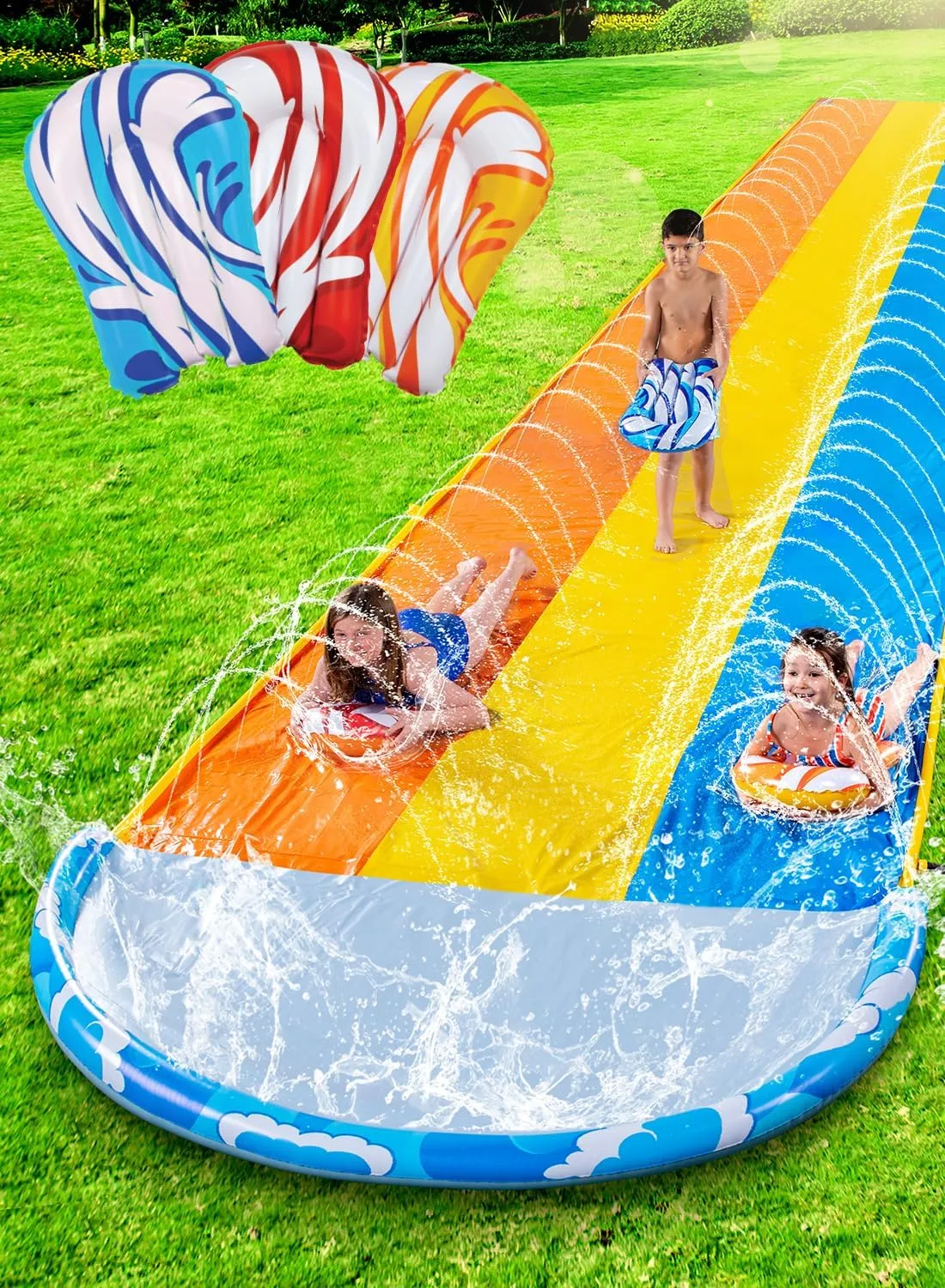 JOYIN 22.5ft Triple Water Slide,Heavy Duty Lawn Water Slip and Slides with 3 Body Boards and Slip Sprinkler for Kids Adults Backyard Summer Outdoor