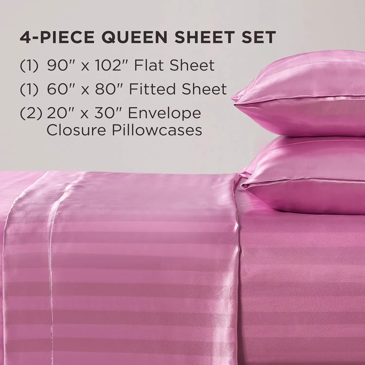 Juicy Couture Silky Satin Damask Sheet Set - Luxury Pink Bedding - Smooth Satin Striped Sheets - Queen Size
