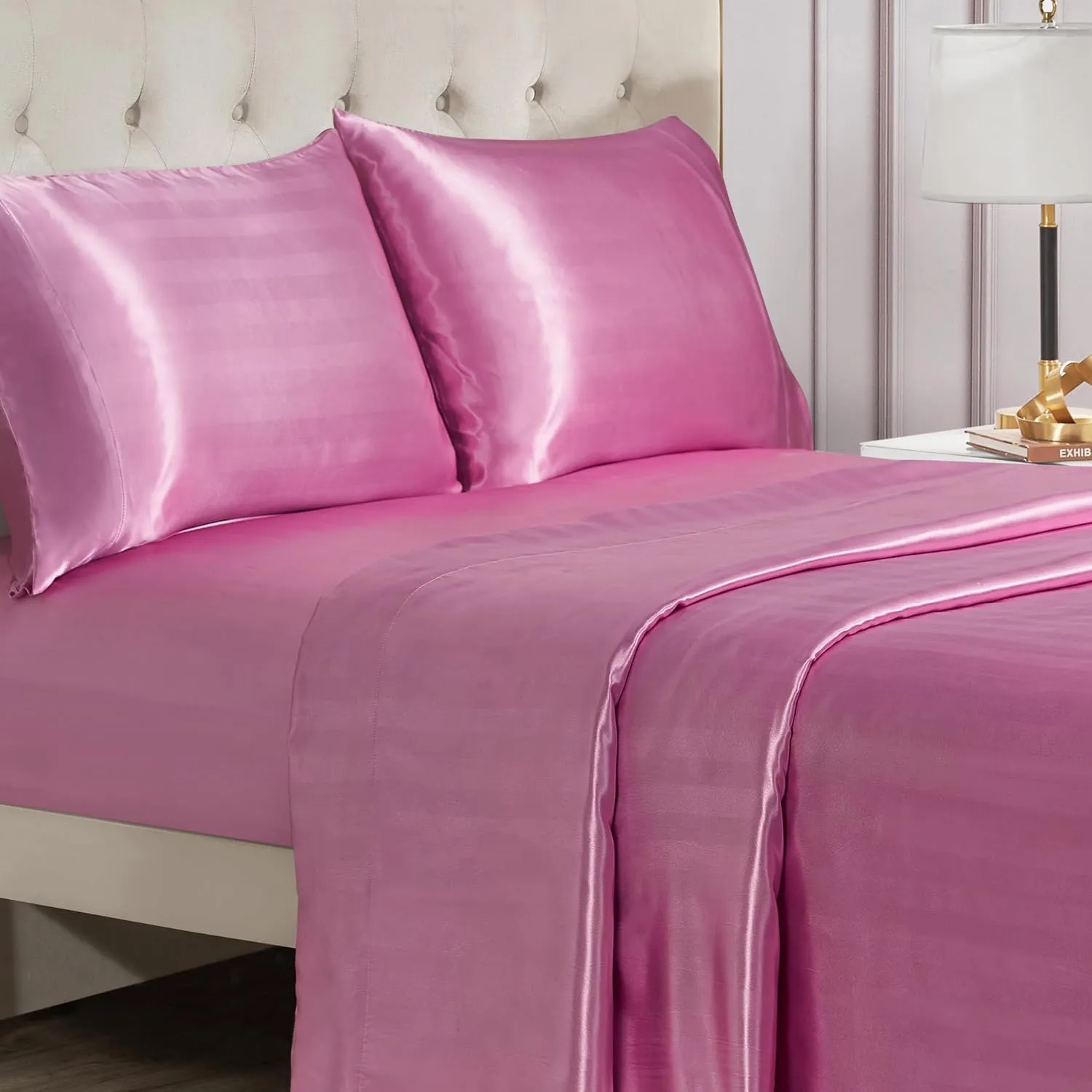 Juicy Couture Silky Satin Damask Sheet Set - Luxury Pink Bedding - Smooth Satin Striped Sheets - Queen Size