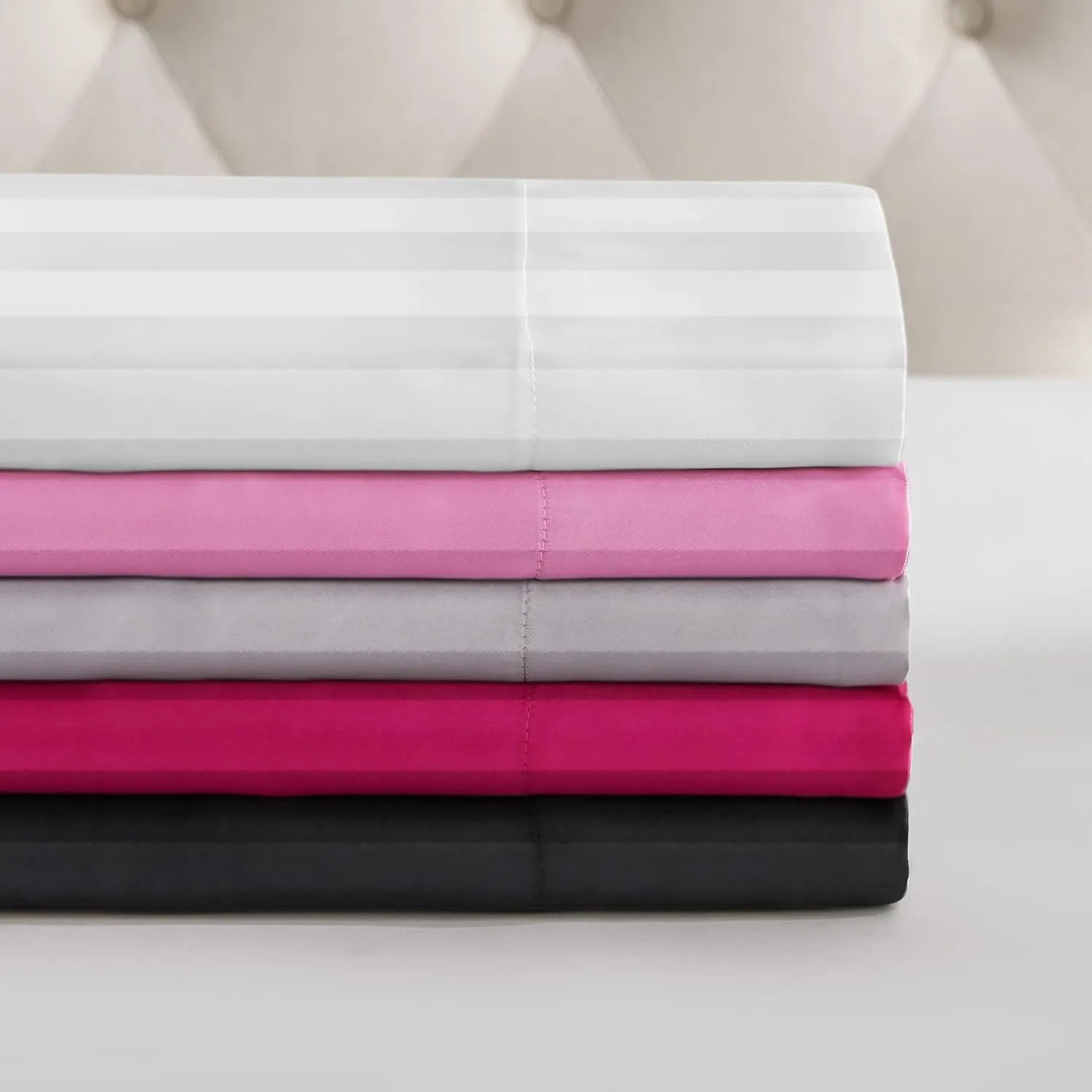 Juicy Couture Silky Satin Damask Sheet Set - Luxury Pink Bedding - Smooth Satin Striped Sheets - Queen Size