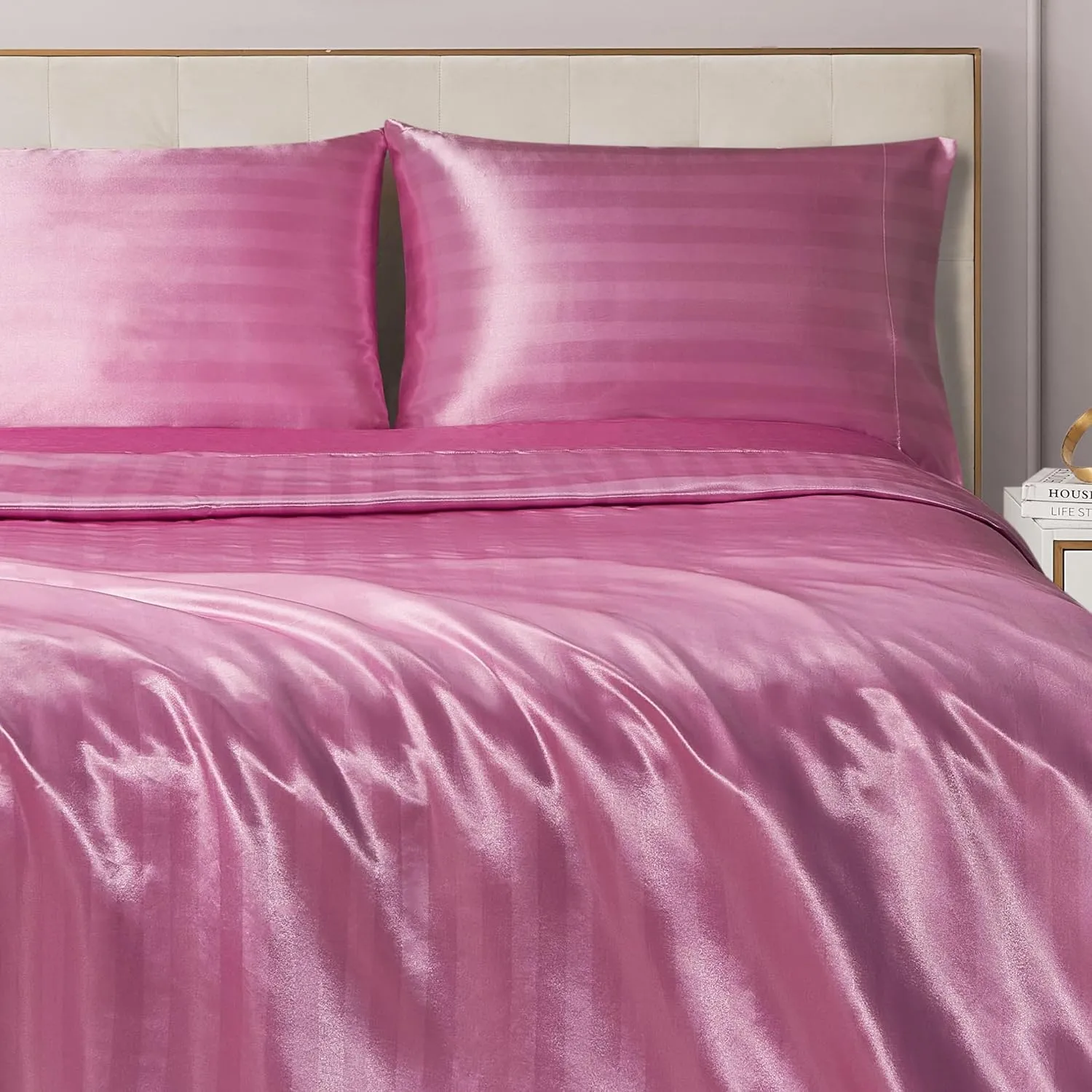 Juicy Couture Silky Satin Damask Sheet Set - Luxury Pink Bedding - Smooth Satin Striped Sheets - Queen Size