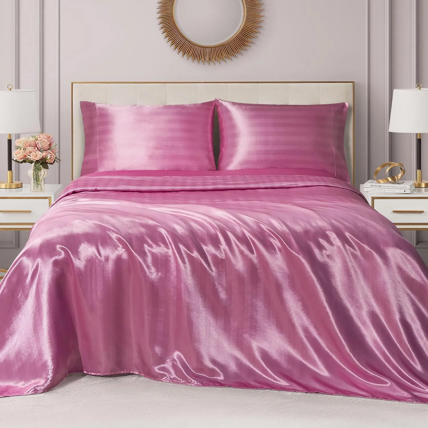 Juicy Couture Silky Satin Damask Sheet Set - Luxury Pink Bedding - Smooth Satin Striped Sheets - Queen Size