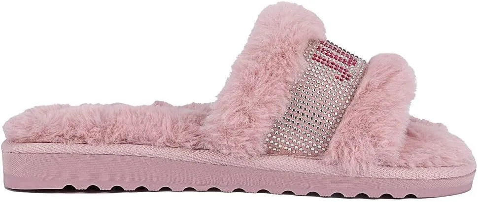 Juicy Couture Women's Plush Faux Fur Slippers – Cozy Open-Toe Slides, Soft Indoor/Outdoor House Shoes