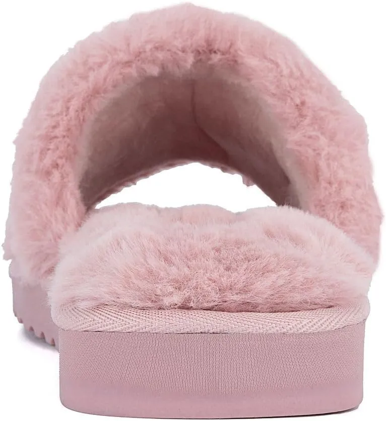 Juicy Couture Women's Plush Faux Fur Slippers – Cozy Open-Toe Slides, Soft Indoor/Outdoor House Shoes