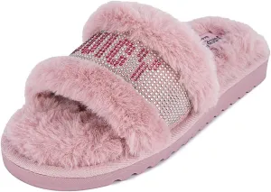 Juicy Couture Women's Plush Faux Fur Slippers – Cozy Open-Toe Slides, Soft Indoor/Outdoor House Shoes