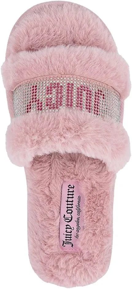 Juicy Couture Women's Plush Faux Fur Slippers – Cozy Open-Toe Slides, Soft Indoor/Outdoor House Shoes