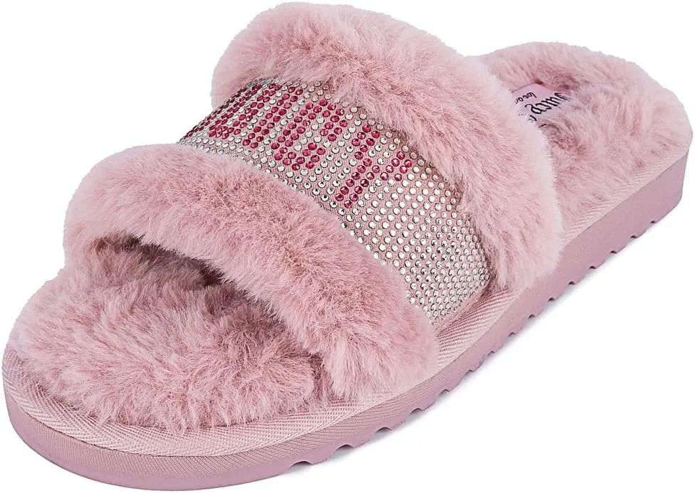 Juicy Couture Women's Plush Faux Fur Slippers – Cozy Open-Toe Slides, Soft Indoor/Outdoor House Shoes