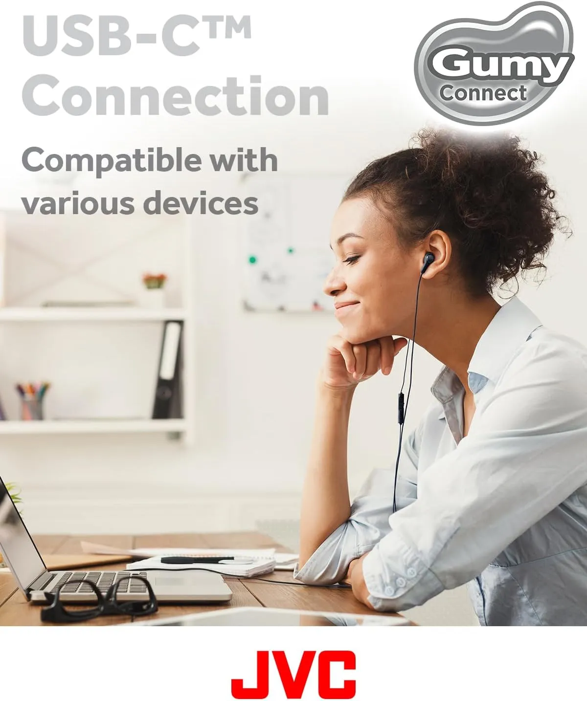JVC Gumy Connect USB-C Wired Earbuds Headphones, Delay-Free for Videos and Gaming, Built-in DAC Reduces Noise and Improves Sound Quality, 9.2 mm Diameter Neodymium Drivers - HAFR9UCW (White)