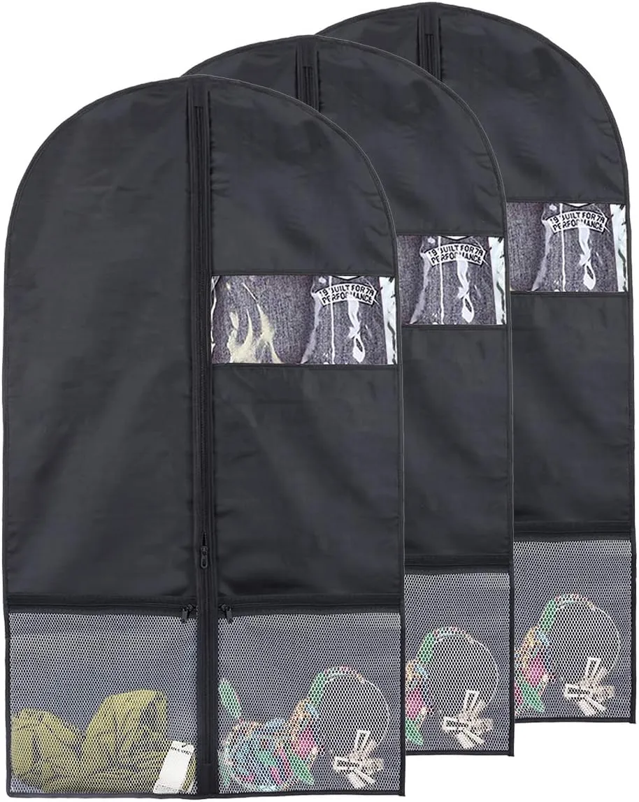 Kernorv Dance Costume Bags,43" Foldable Garment Bags for Dance Competitions Garment Bag with 2 Zipper Mesh Pockets and Clear Window for Dance Costumes, Storage or Travel (3 Pack,Black)