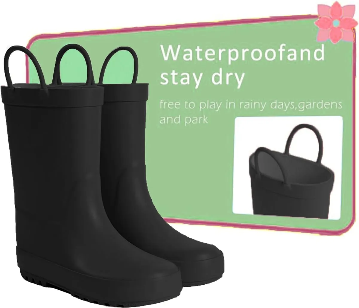 Kids Rain Boots - Toddler Waterproof Rubber Kids Rain Boots for Girls and Boys with Fun Patterns and Easy-On Handles