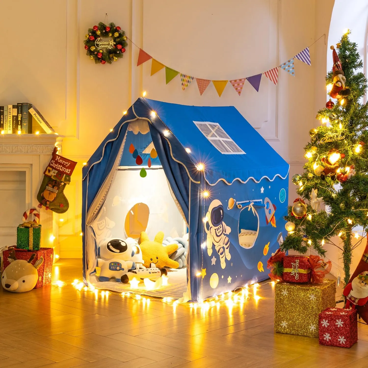 Kids Tent Play House,Boys Toddler Castle Playhouse Spaceship Tent,Outer Space Rocket Blue,39''x51''x51'' Playhouse Indoor&Outdoor,Washable,New Flat Threshold