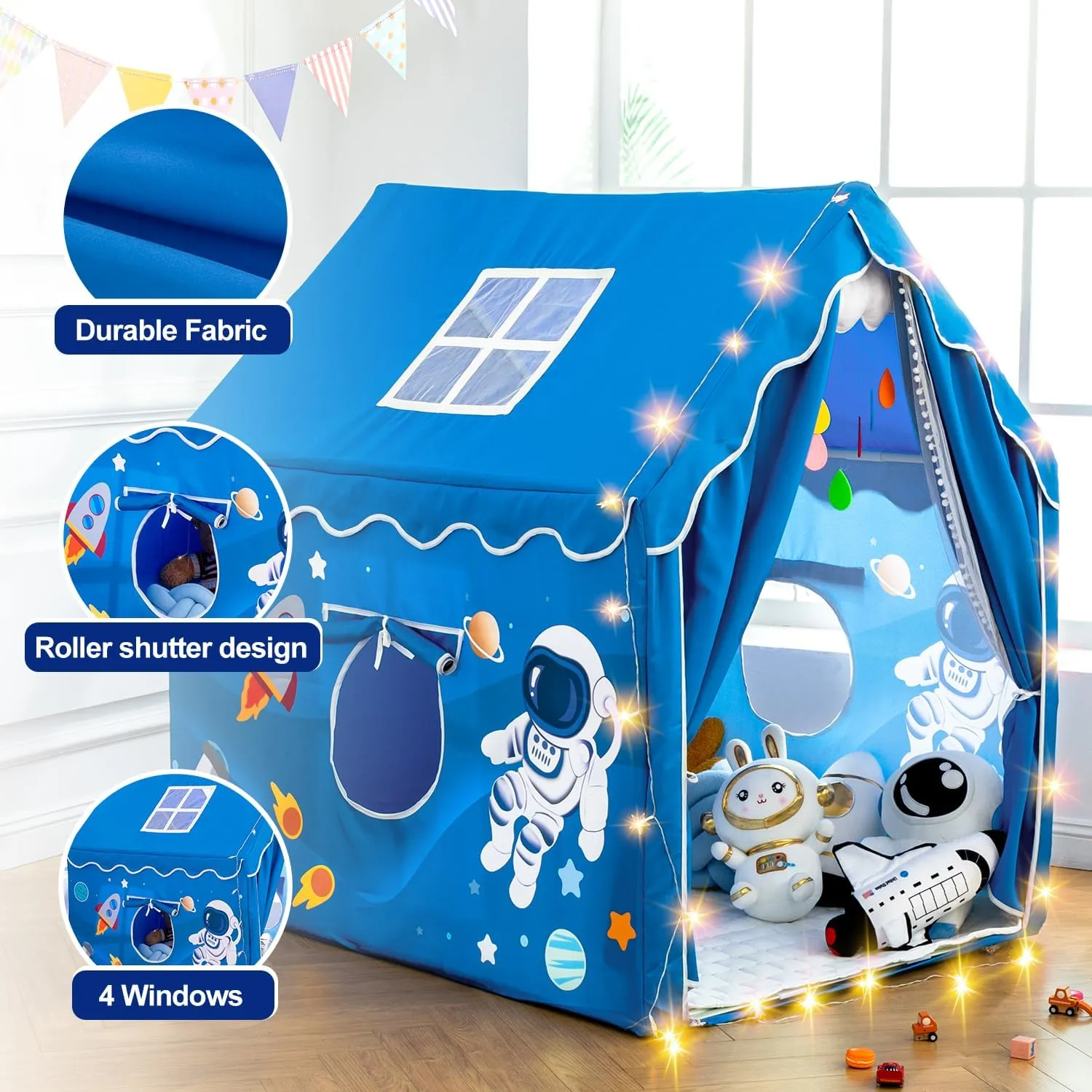 Kids Tent Play House,Boys Toddler Castle Playhouse Spaceship Tent,Outer Space Rocket Blue,39''x51''x51'' Playhouse Indoor&Outdoor,Washable,New Flat Threshold