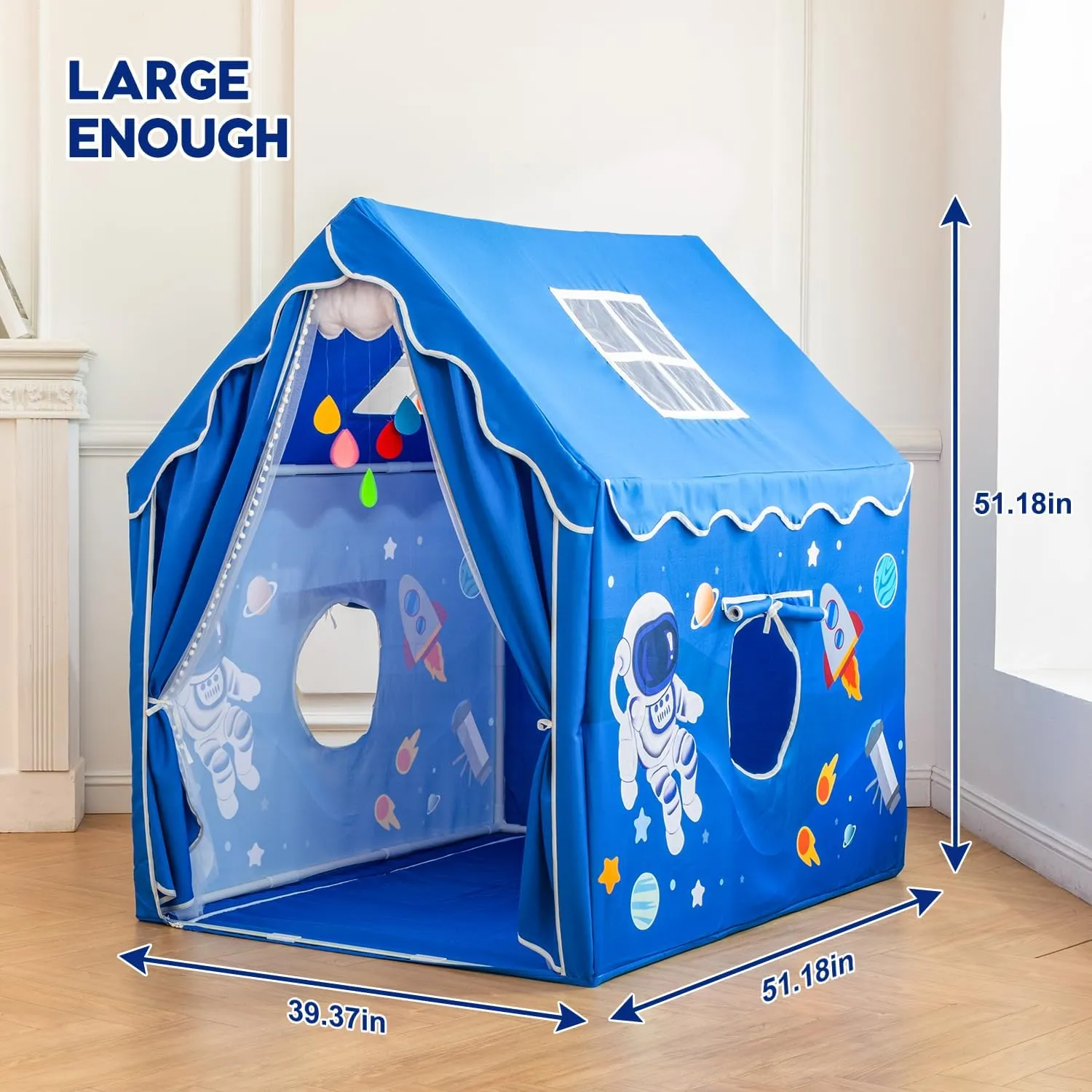 Kids Tent Play House,Boys Toddler Castle Playhouse Spaceship Tent,Outer Space Rocket Blue,39''x51''x51'' Playhouse Indoor&Outdoor,Washable,New Flat Threshold