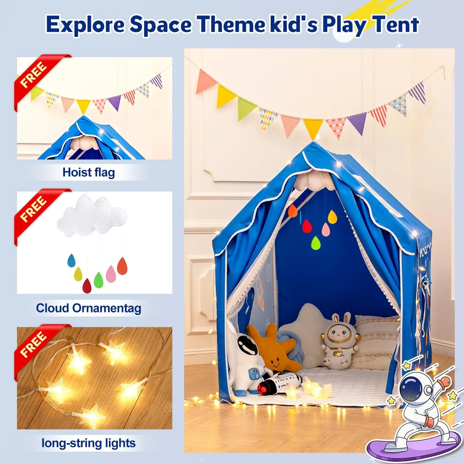 Kids Tent Play House,Boys Toddler Castle Playhouse Spaceship Tent,Outer Space Rocket Blue,39''x51''x51'' Playhouse Indoor&Outdoor,Washable,New Flat Threshold