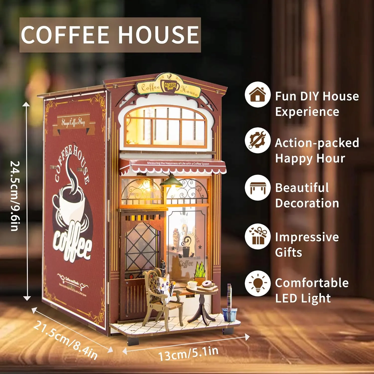 Kisoy Book Nook Kit - DIY Dollhouse Booknook Miniature Kit for Bookshelf Insert Decor Crafts, for Adults/Teen, 3D Wooden Puzzle Bookends with Sensor LED Light (Coffee House)