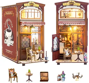 Kisoy Book Nook Kit - DIY Dollhouse Booknook Miniature Kit for Bookshelf Insert Decor Crafts, for Adults/Teen, 3D Wooden Puzzle Bookends with Sensor LED Light (Coffee House)