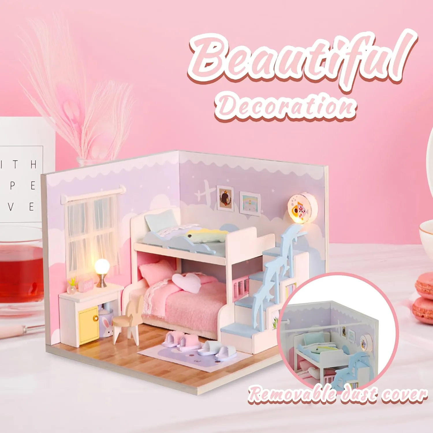 Kisoy Dollhouse Miniature with Furniture Kit, DIY 3D Wooden DIY House Kit A Corner of a Small Apartment Style with Dust Cover & LED,Handmade Tiny House Toys for Kids Adults Gift (Bedroom)