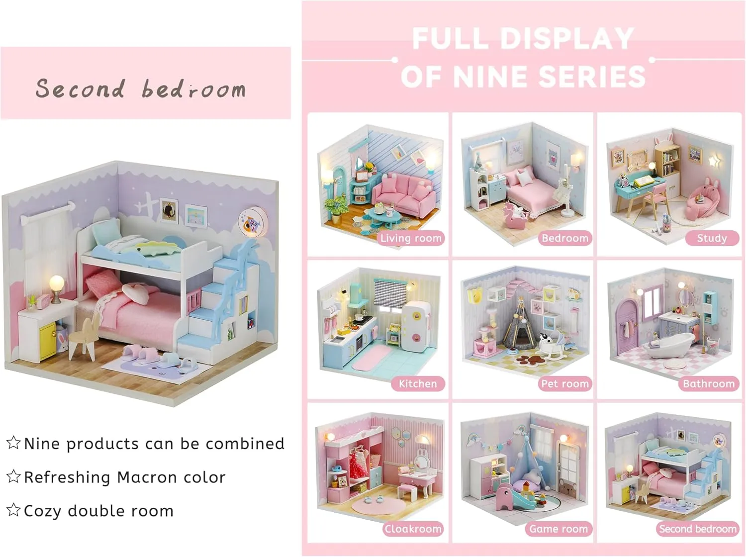 Kisoy Dollhouse Miniature with Furniture Kit, DIY 3D Wooden DIY House Kit A Corner of a Small Apartment Style with Dust Cover & LED,Handmade Tiny House Toys for Kids Adults Gift (Bedroom)