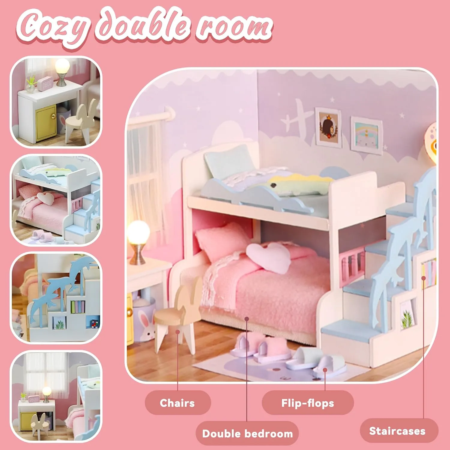 Kisoy Dollhouse Miniature with Furniture Kit, DIY 3D Wooden DIY House Kit A Corner of a Small Apartment Style with Dust Cover & LED,Handmade Tiny House Toys for Kids Adults Gift (Bedroom)