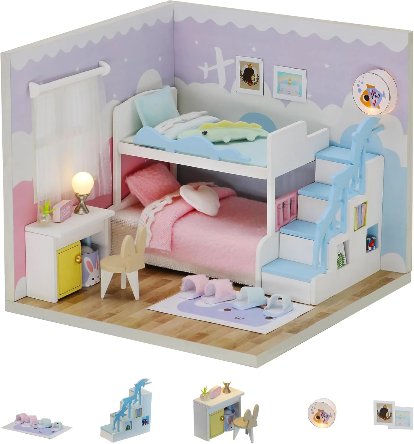 Kisoy Dollhouse Miniature with Furniture Kit, DIY 3D Wooden DIY House Kit A Corner of a Small Apartment Style with Dust Cover & LED,Handmade Tiny House Toys for Kids Adults Gift (Bedroom)