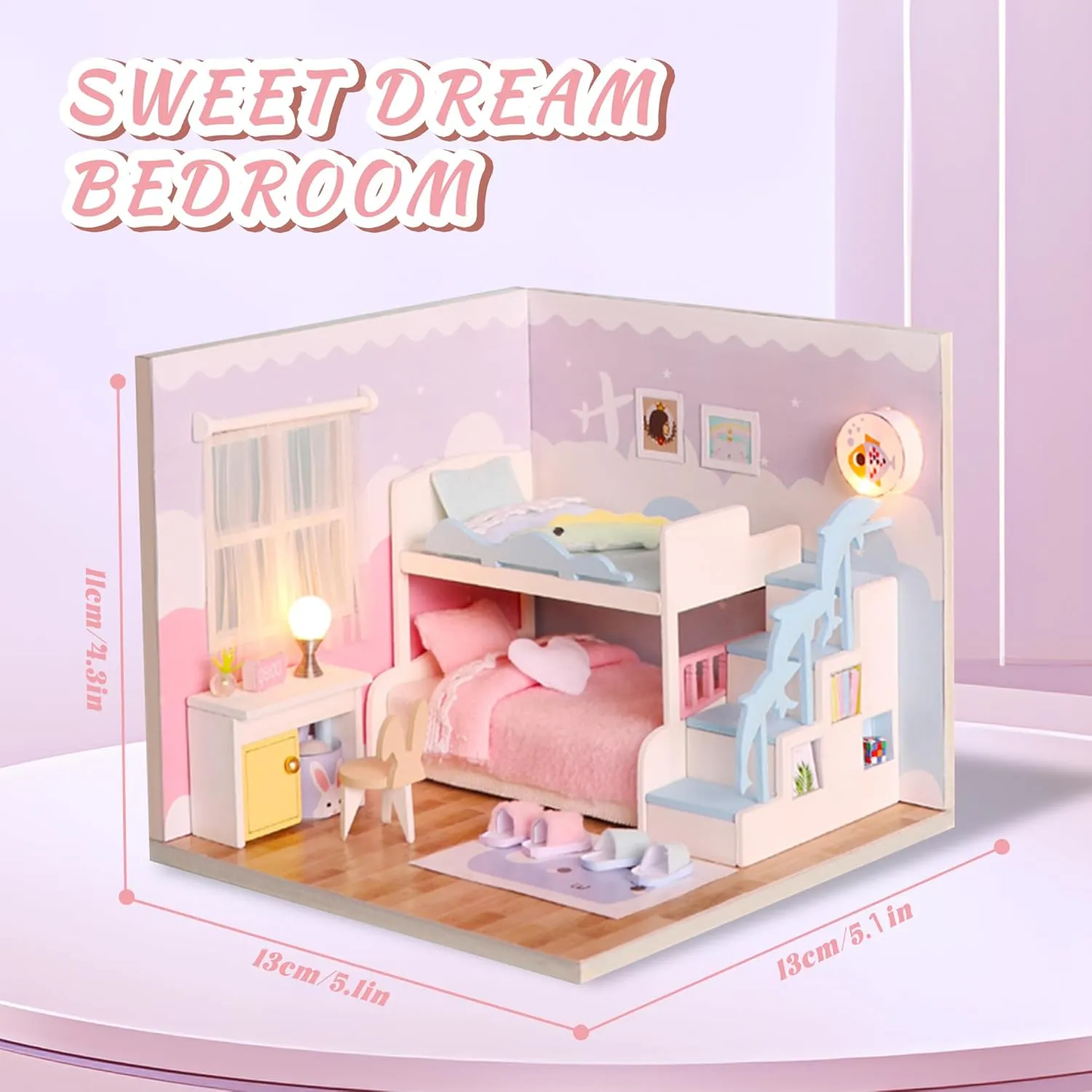 Kisoy Dollhouse Miniature with Furniture Kit, DIY 3D Wooden DIY House Kit A Corner of a Small Apartment Style with Dust Cover & LED,Handmade Tiny House Toys for Kids Adults Gift (Bedroom)