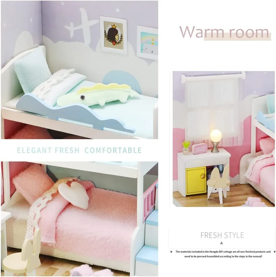 Kisoy Dollhouse Miniature with Furniture Kit, DIY 3D Wooden DIY House Kit A Corner of a Small Apartment Style with Dust Cover & LED,Handmade Tiny House Toys for Kids Adults Gift (Bedroom)