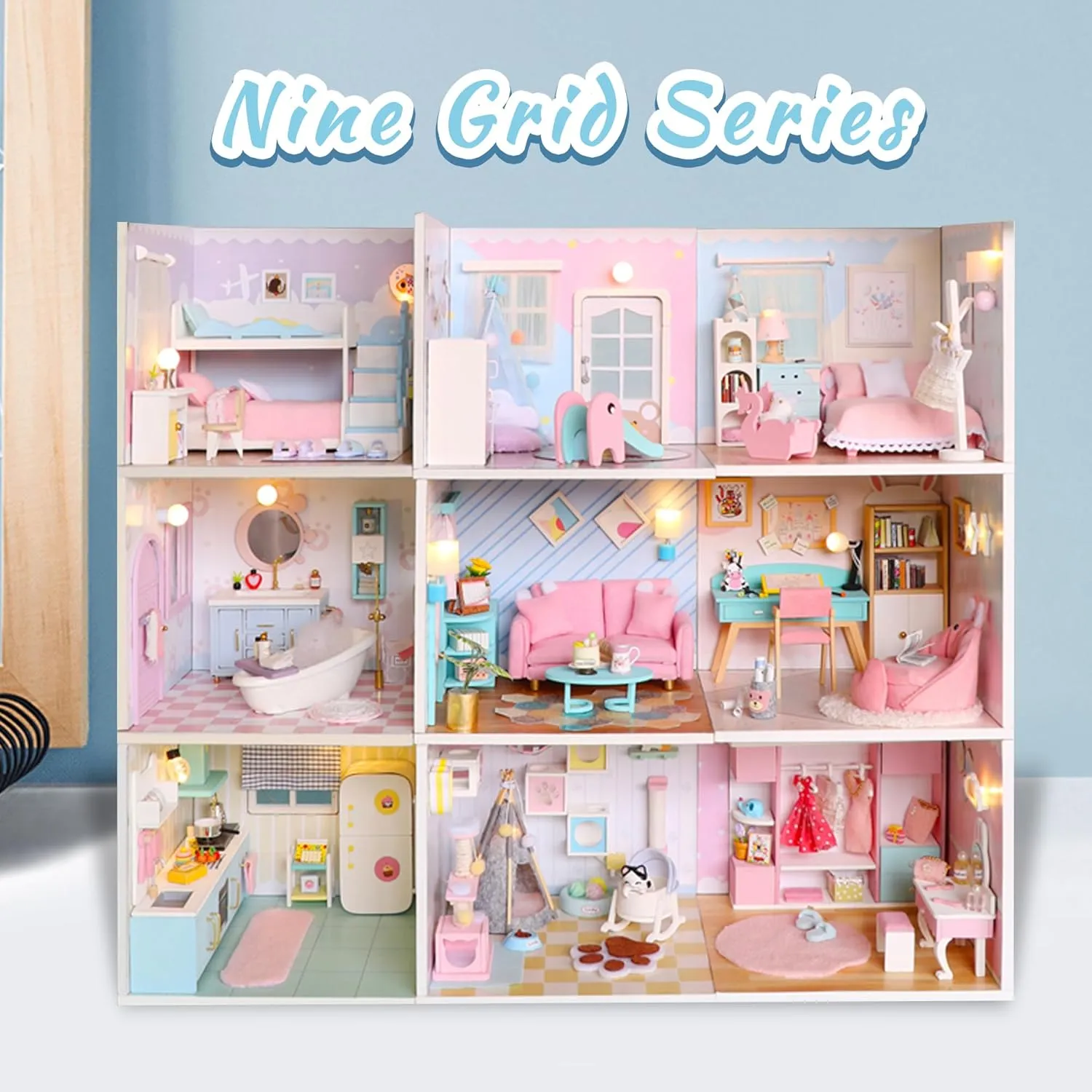 Kisoy Dollhouse Miniature with Furniture Kit, DIY 3D Wooden DIY House Kit A Corner of a Small Apartment Style with Dust Cover & LED,Handmade Tiny House Toys for Kids Adults Gift (Bedroom)