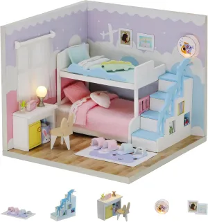 Kisoy Dollhouse Miniature with Furniture Kit, DIY 3D Wooden DIY House Kit A Corner of a Small Apartment Style with Dust Cover & LED,Handmade Tiny House Toys for Kids Adults Gift (Bedroom)