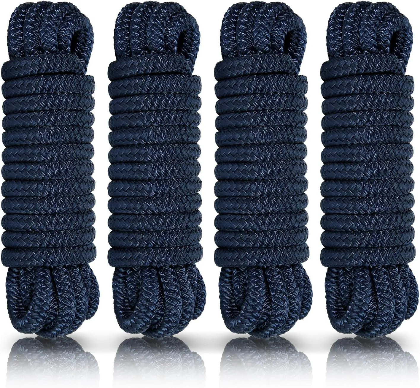 Kohree 3/8" x 15' Boat Dock Lines, Pre-Spliped 12" Eyelet Fender Lines, Heavy-Duty Double Braided Nylon Marine Ropes for Mooring, Docking Yacht Pontoon Accessories, 4 Pack, Navy Blue