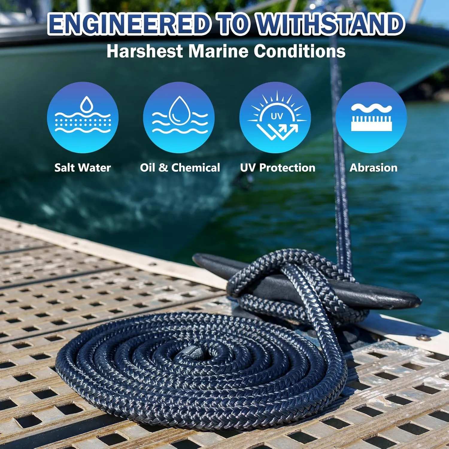 Kohree 3/8" x 15' Boat Dock Lines, Pre-Spliped 12" Eyelet Fender Lines, Heavy-Duty Double Braided Nylon Marine Ropes for Mooring, Docking Yacht Pontoon Accessories, 4 Pack, Navy Blue