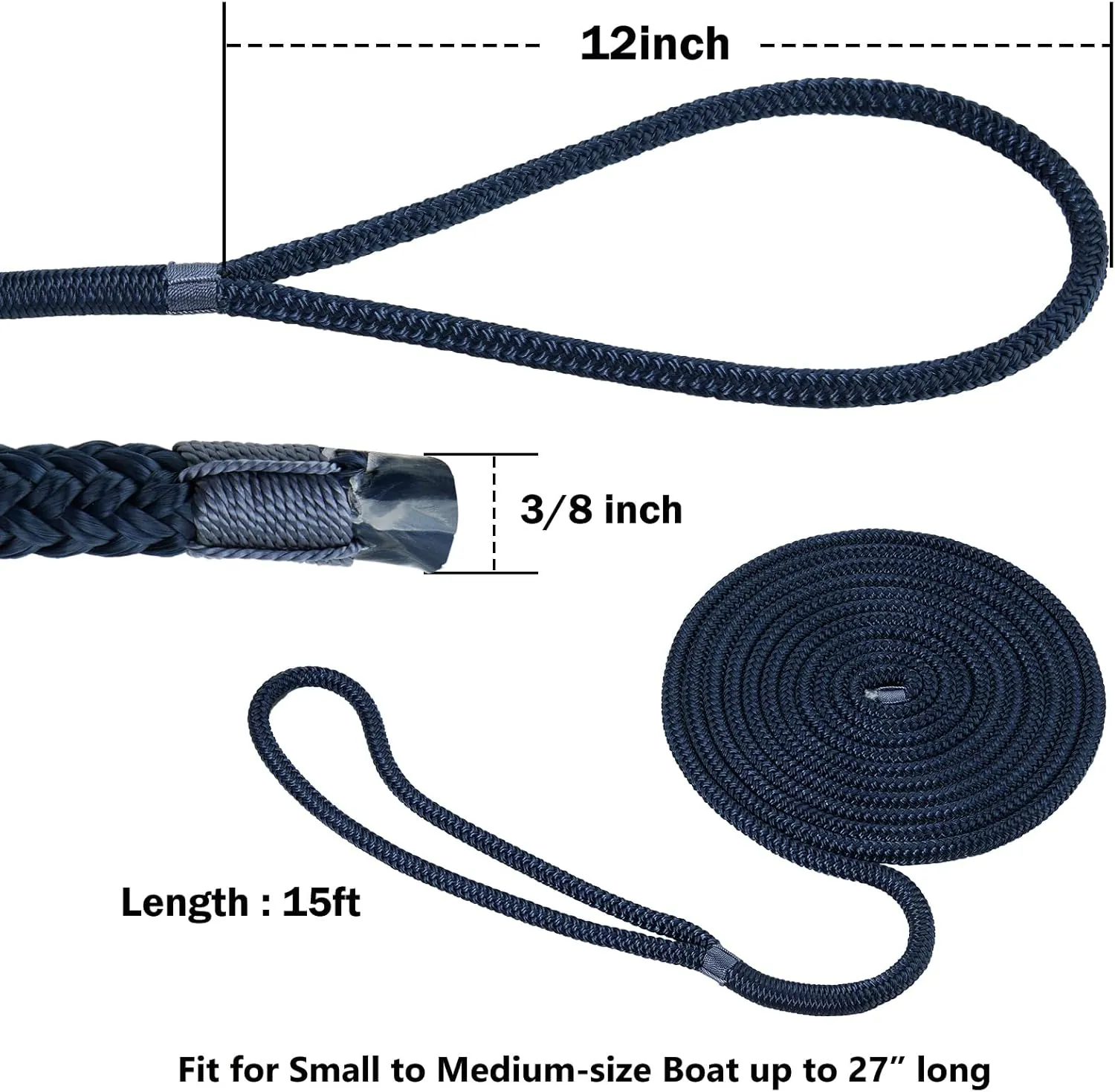 Kohree 3/8" x 15' Boat Dock Lines, Pre-Spliped 12" Eyelet Fender Lines, Heavy-Duty Double Braided Nylon Marine Ropes for Mooring, Docking Yacht Pontoon Accessories, 4 Pack, Navy Blue