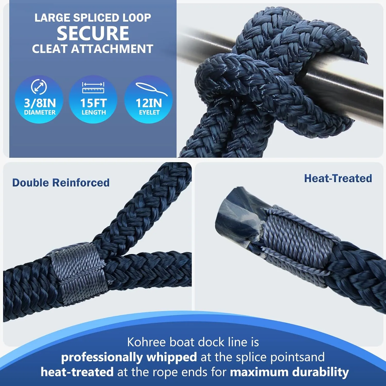 Kohree 3/8" x 15' Boat Dock Lines, Pre-Spliped 12" Eyelet Fender Lines, Heavy-Duty Double Braided Nylon Marine Ropes for Mooring, Docking Yacht Pontoon Accessories, 4 Pack, Navy Blue
