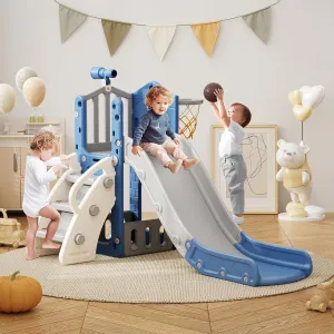 KORIMEFA 5-in-1 Toddler Slide Playset with Basketball Hoop & Storage – L-Shaped Indoor/Outdoor Slide for Kids Ages 1-3, Easy Assembly Baby Playground Toys, Blue