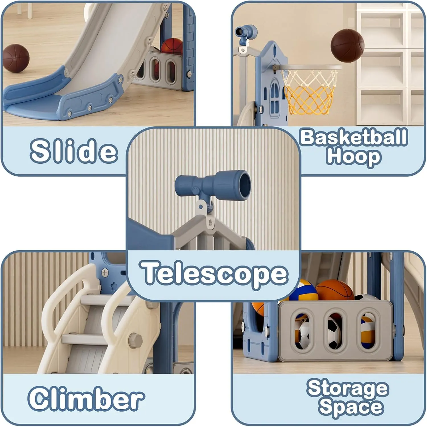 KORIMEFA 5-in-1 Toddler Slide Playset with Basketball Hoop & Storage – L-Shaped Indoor/Outdoor Slide for Kids Ages 1-3, Easy Assembly Baby Playground Toys, Blue