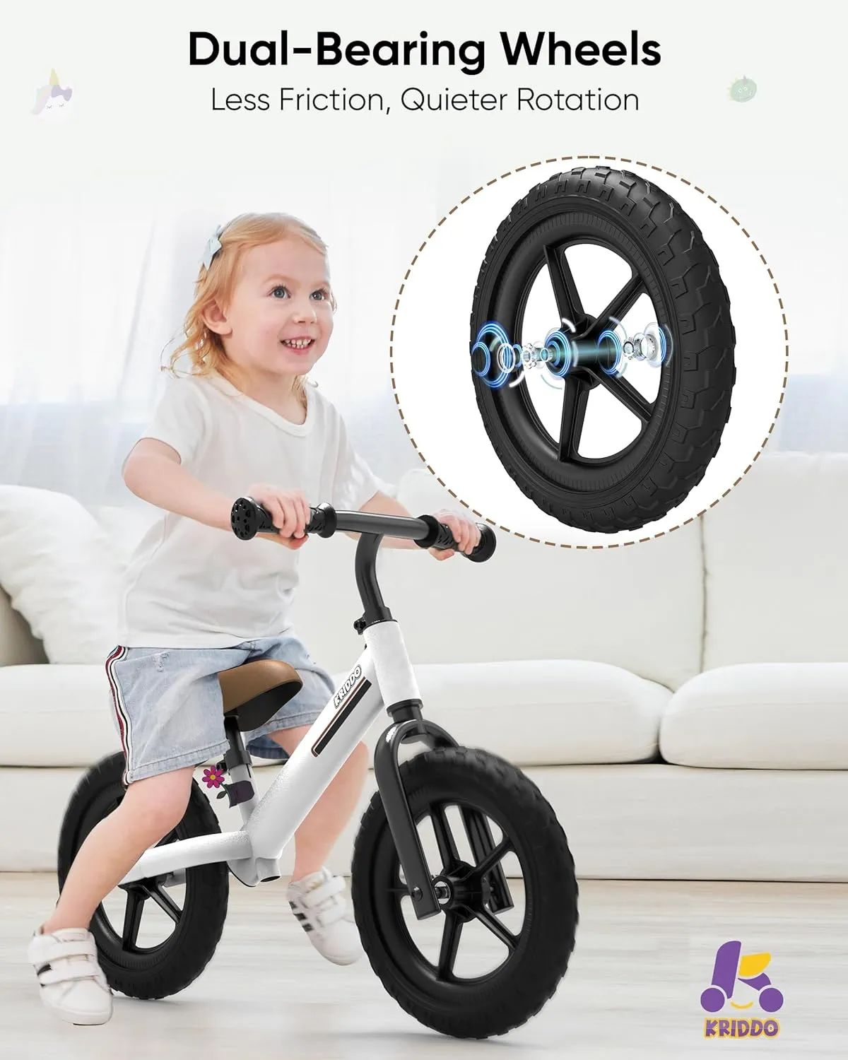 KRIDDO Toddler Balance Bike 2 Year Old, Kids Balance Bike for 2-5 Years Old, Dual Bearing for Smoother Riding, Adorable Plate, Adjustable Seat and Handlebar, Toddler Bike Gifts Age 2-3