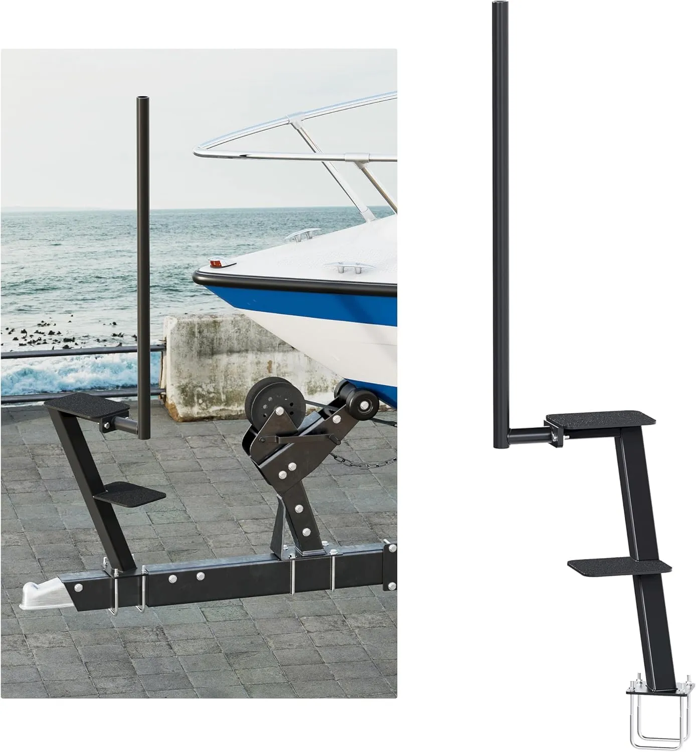 KUAFU Boat Trailer Steps Boat Boarding Steps with Handle Fit 3.5" or 3" Wide and 5" Tall Fit for Most All Boats Universal Triple Steps Dual Step Black Steel Powder Coated 2 Step