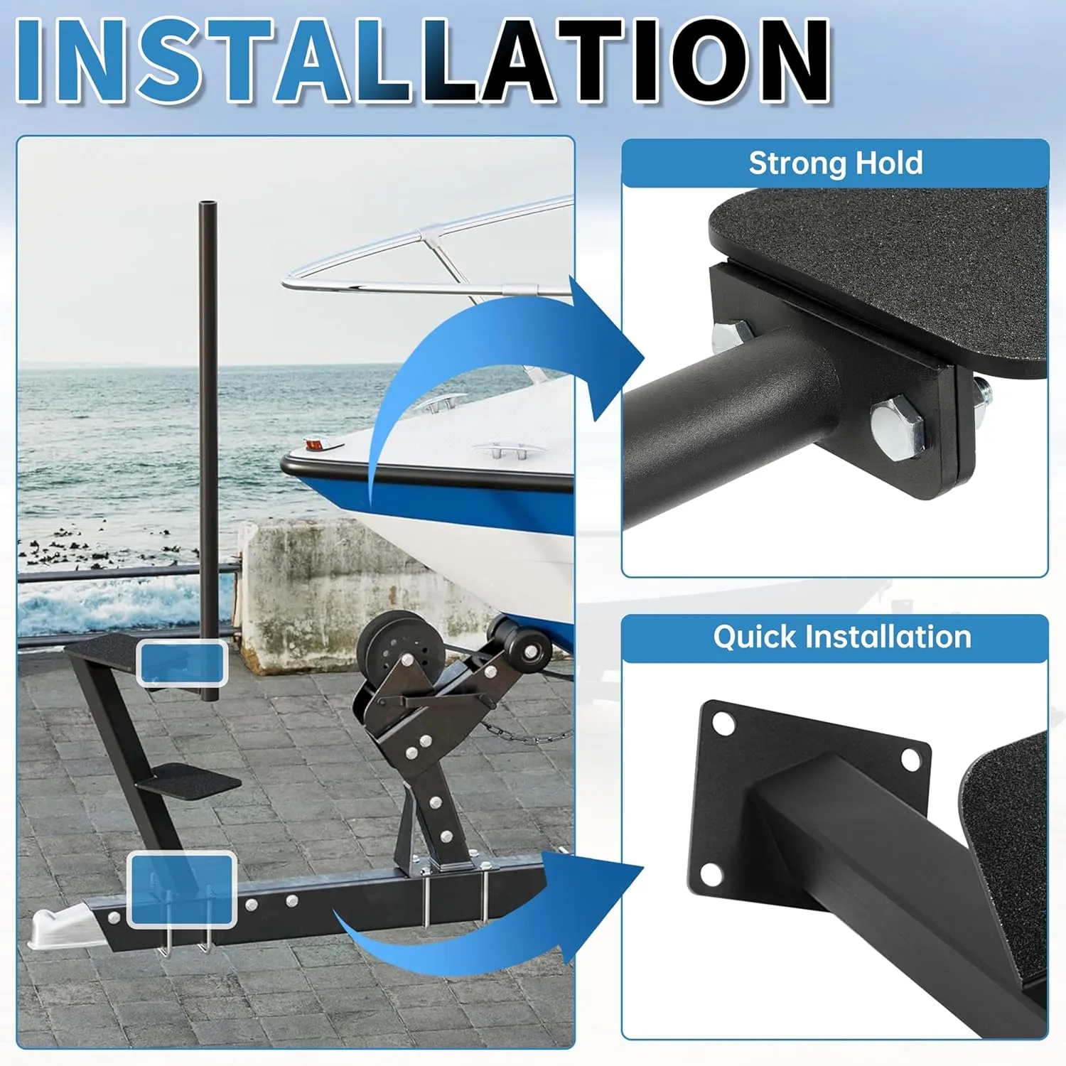 KUAFU Boat Trailer Steps Boat Boarding Steps with Handle Fit 3.5" or 3" Wide and 5" Tall Fit for Most All Boats Universal Triple Steps Dual Step Black Steel Powder Coated 2 Step