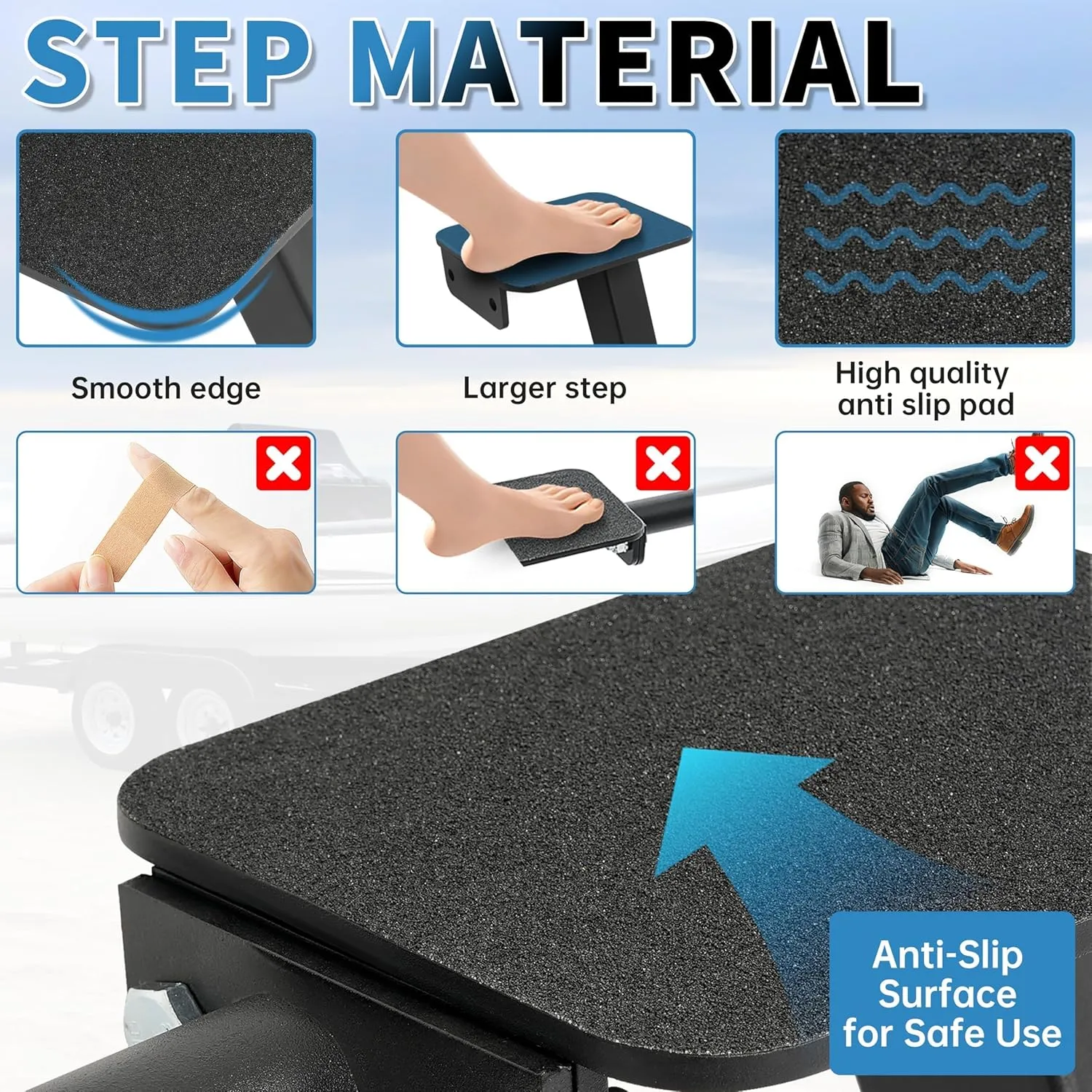 KUAFU Boat Trailer Steps Boat Boarding Steps with Handle Fit 3.5" or 3" Wide and 5" Tall Fit for Most All Boats Universal Triple Steps Dual Step Black Steel Powder Coated 2 Step