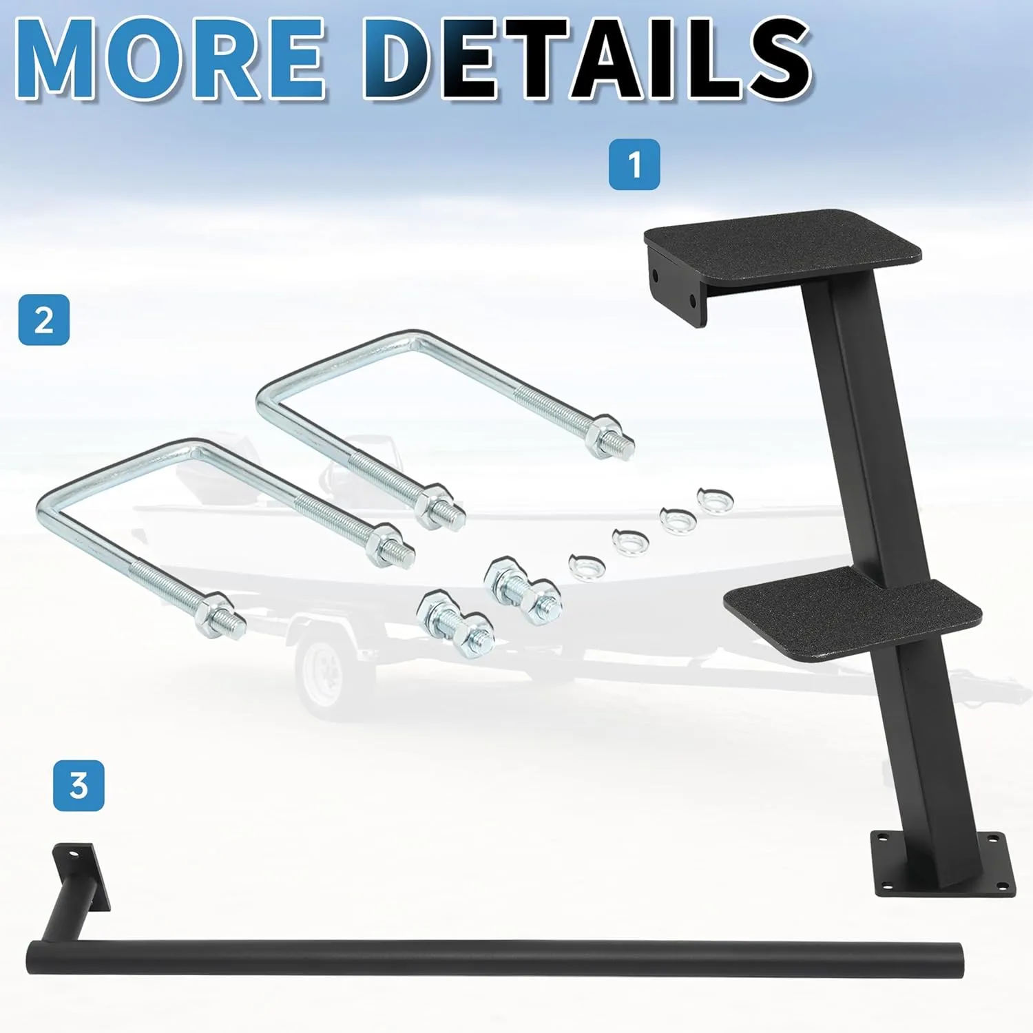 KUAFU Boat Trailer Steps Boat Boarding Steps with Handle Fit 3.5" or 3" Wide and 5" Tall Fit for Most All Boats Universal Triple Steps Dual Step Black Steel Powder Coated 2 Step
